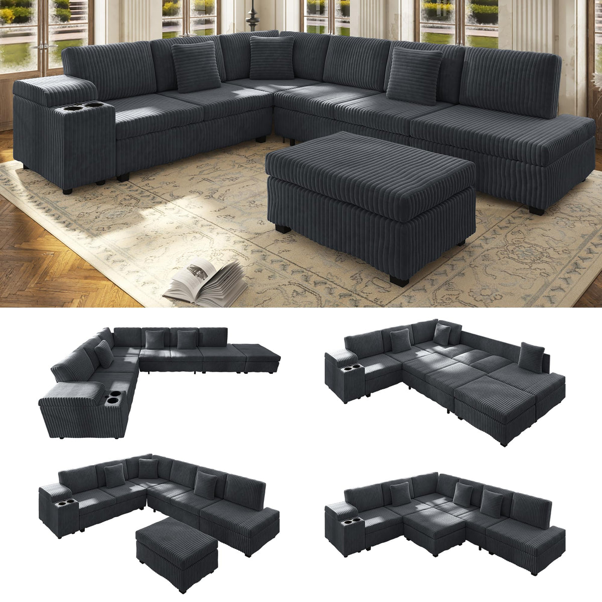 110" L-Shaped Modular Sectional Sofa with Pull Out Bed, Comfy Corduroy Cloud Couch with Removable Ottoman, USB, Storage & Cup Holders, Modern Sectional Sleeper Sofas for Living Room (Camel)