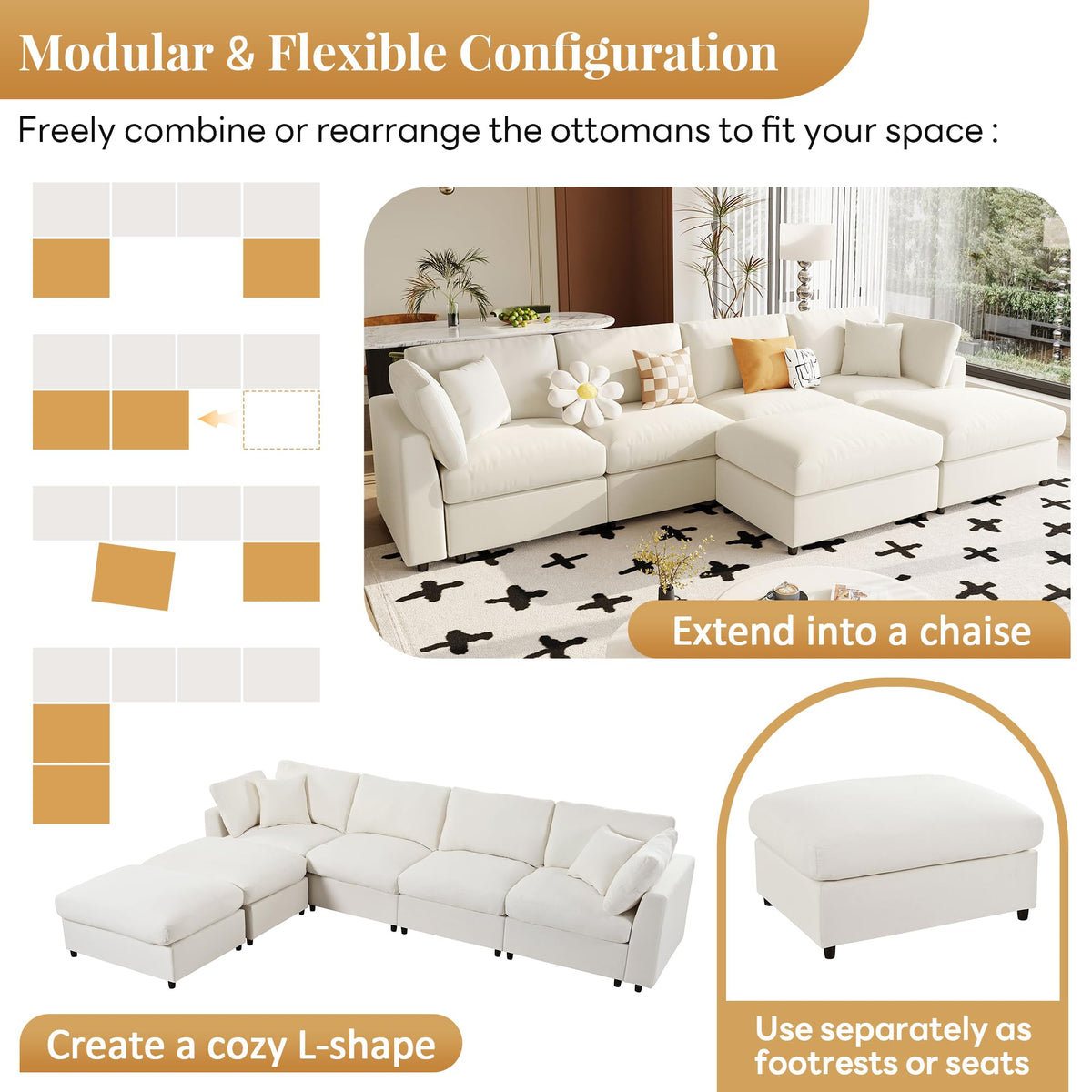 128" U-Shaped Modular Sectional Sofa, Modern Cloud Couch with Solid Wood Frame, Oversized Chenille Fabric Sleeper Sofa Couches with 2 Ottoman Chaise & Washable Covers