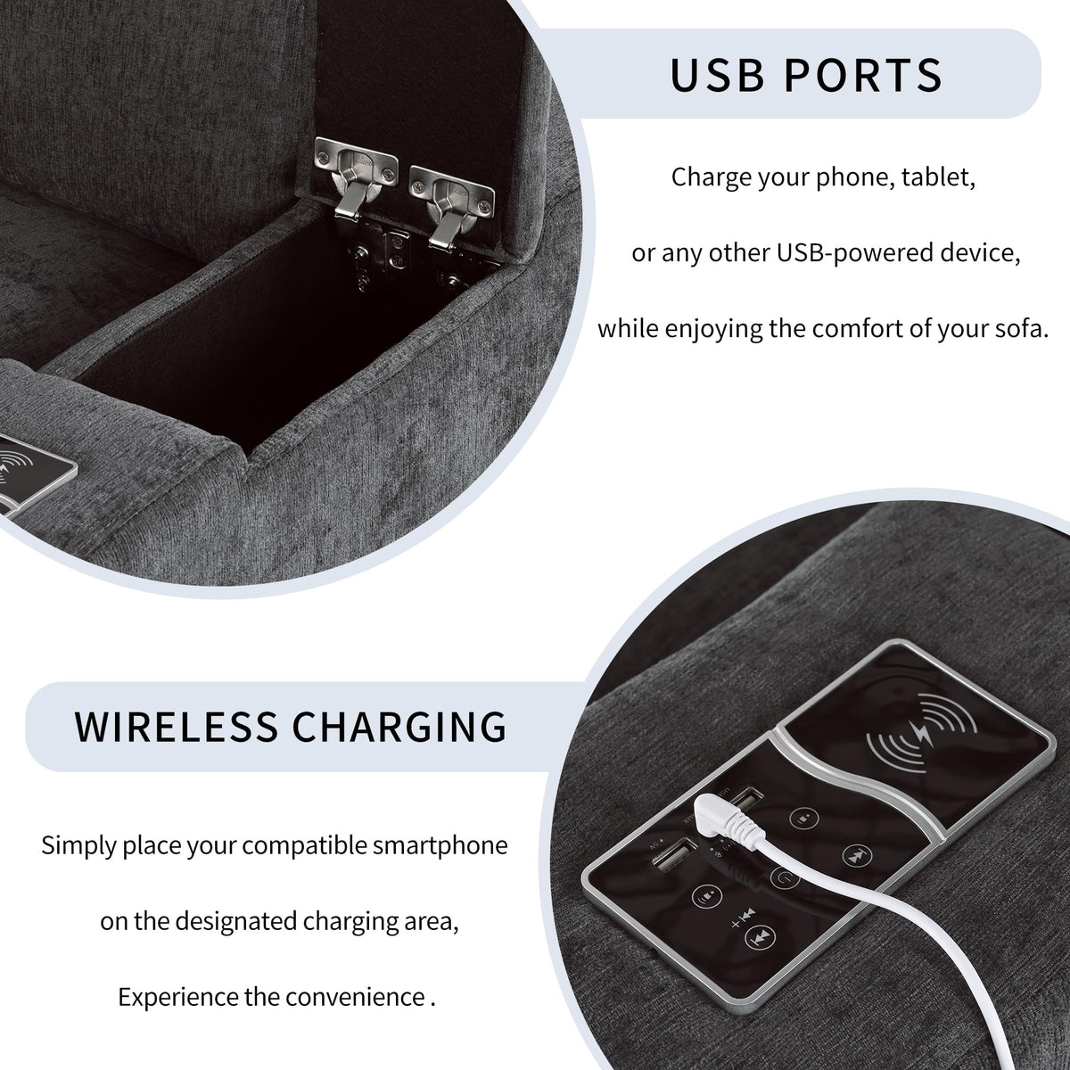 Upholstered Modular Sofa with with Storage Space, USB Charge Ports,Wireless Charging and Built in Speaker in Arm,Sectional Sofa for Living Room Apartment.[Old SKU:WY000317AAE]