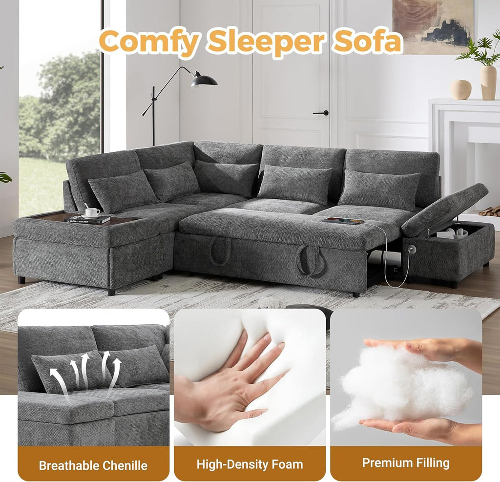 107" Modular Sectional Sleeper Sofa with Pull Out Bed, Oversized L-Shape Couch with USB Charger, Storage Ottoman & Adjustable Armrest, Chenille Sectional Couches for Living Room, Grey