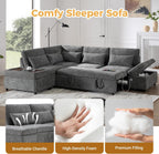 107" Modular Sectional Sleeper Sofa with Pull Out Bed, Oversized L-Shape Couch with USB Charger, Storage Ottoman & Adjustable Armrest, Chenille Sectional Couches for Living Room, Grey