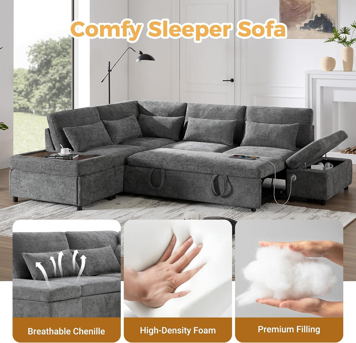 107" Modular Sectional Sleeper Sofa with Pull Out Bed, Oversized L-Shape Couch with USB Charger, Storage Ottoman & Adjustable Armrest, Chenille Sectional Couches for Living Room, Grey