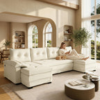110" Oversize U-Shaped Chenille 4-Seater Sofa with Pull Out Bed, 2 in 1 Convertible Sleeper Couch with Removable Armrests & USB Ports, Sectional Modular with Chaise Lounge for Living Room (White)