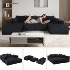 128" Premium Corduroy Deep Seat Chaise Lounge Indoor, Modern Boneless Compressed Floor Sectional Sofa with No Assembly, Free Combination Modular Cloud Sectional Sofa for Living Room, Black
