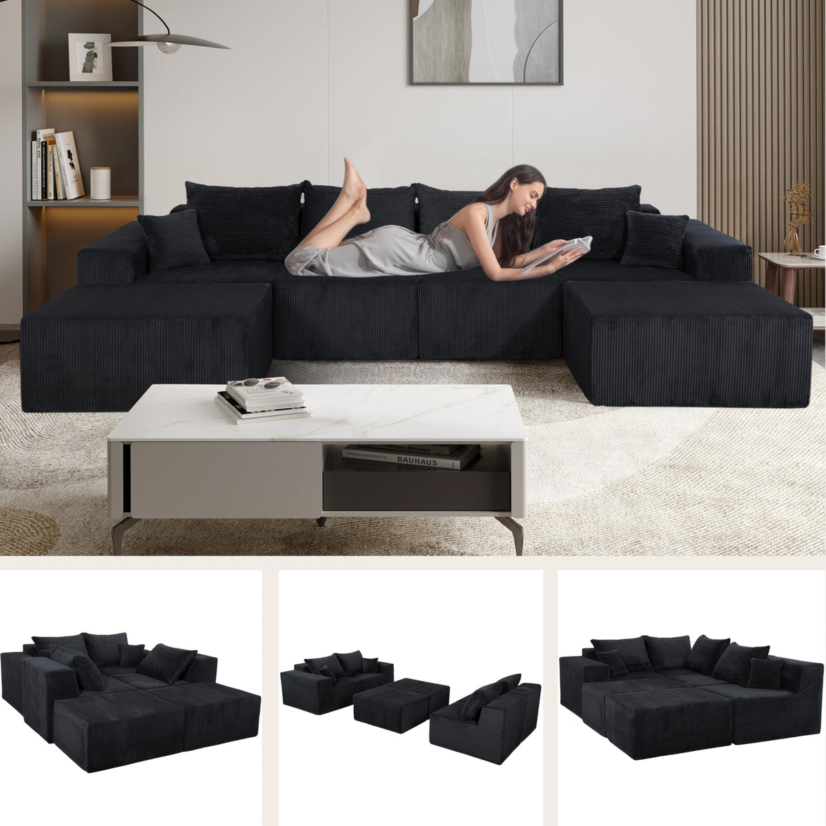 128" Premium Corduroy Deep Seat Chaise Lounge Indoor, Modern Boneless Compressed Floor Sectional Sofa with No Assembly, Free Combination Modular Cloud Sectional Sofa for Living Room, Black