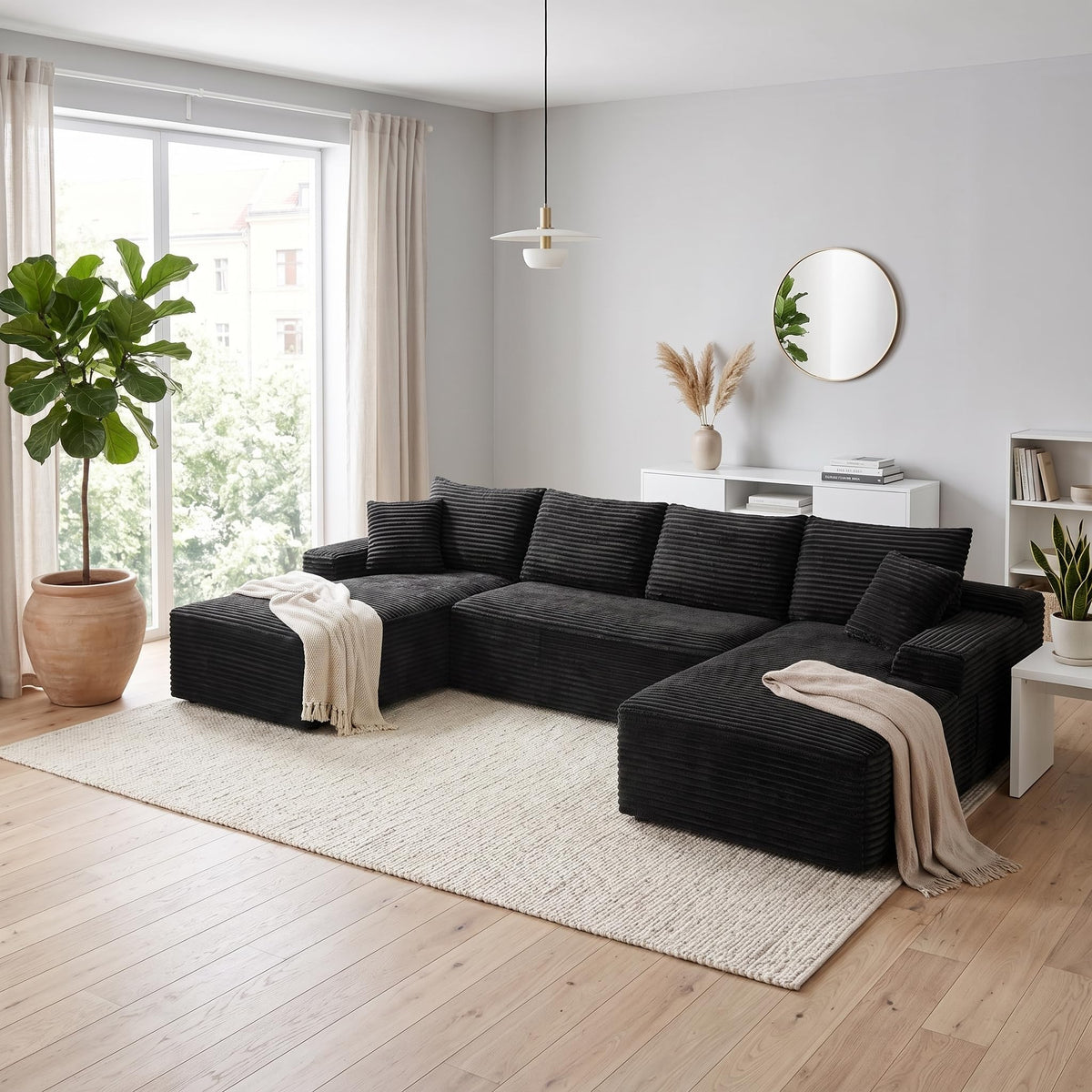 132.1" Compressible U-Shaped Sectional Sofa Set, Minimalist Modular Cloud Couch with Corduroy Fabric, Zero-Leg Full Base Design, Includes 2 Throw Pillows, Perfect for Living Room, Apartment, Condo