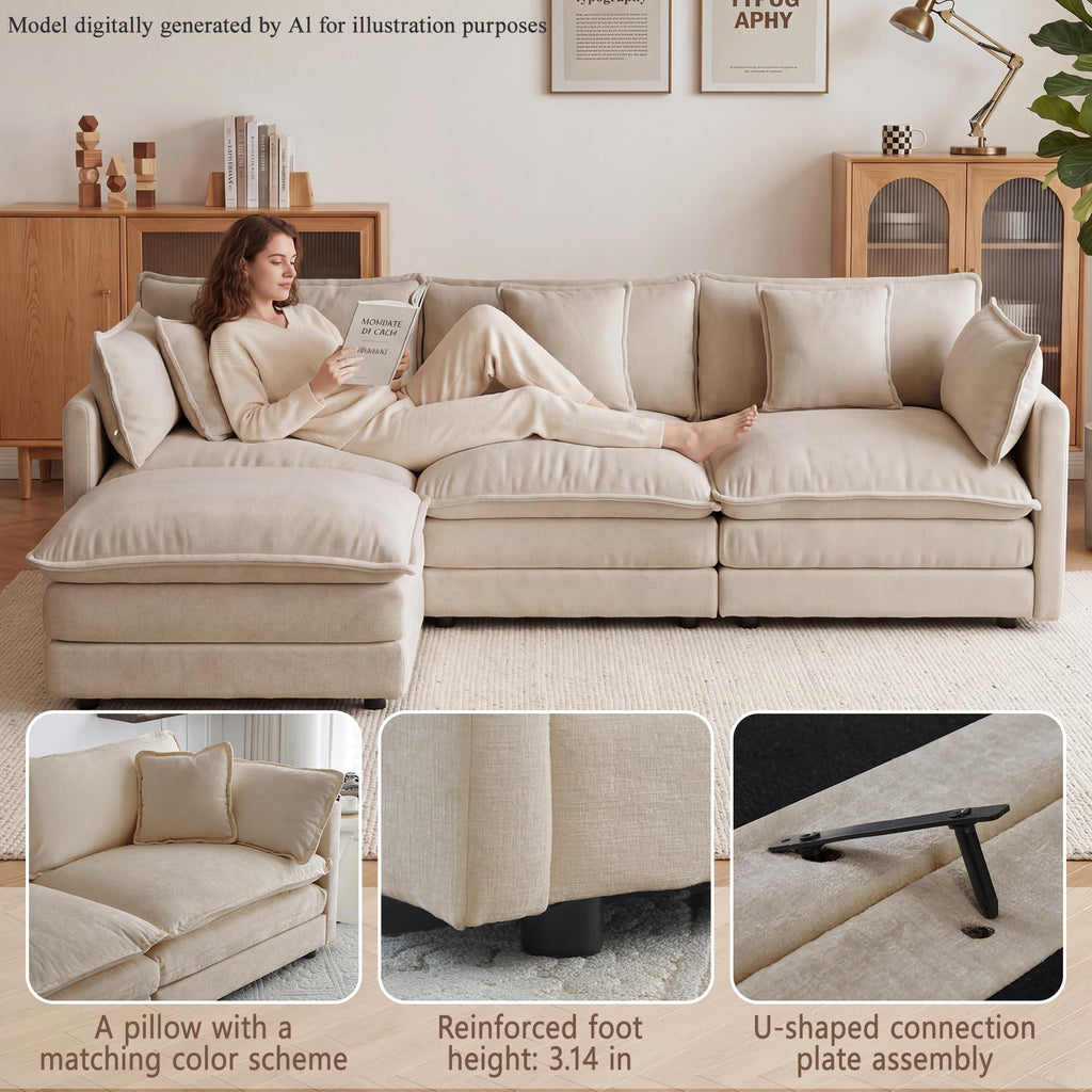 103.8" Modular Cloud Couch Chenille Sectional Sofa L Shaped Couch