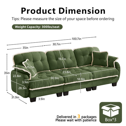 100.7" Chenille Cloud 3-Seater Sofa, Tufted Deep Seat Couch with Pom-Pom Trim & 4 Pillows, Ergonomic Easy Assembly Modular Sofa for Living Room & Apartment（Green ）