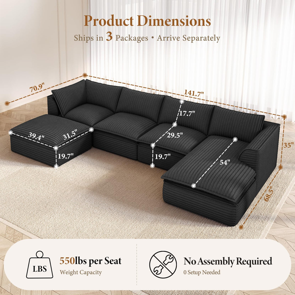 Vesgantti U Shaped Corduroy Boneless Sectional Couch, 6 Seater Sofa, Gray