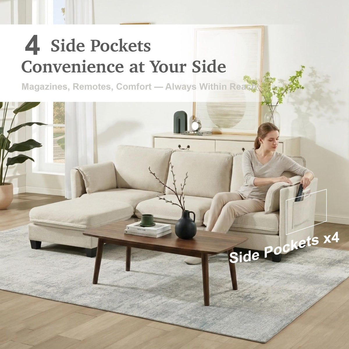 VidaNaticle 95" Boneless Modular Sectional Cloud Couch, Beige