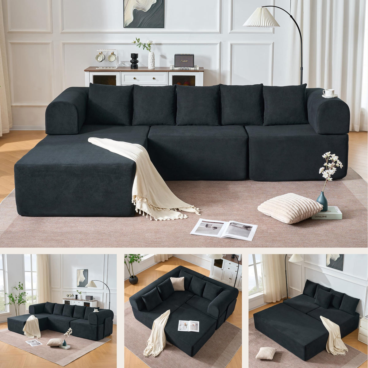106" Modular Sectional Sofa,L Shaped Cloud Sectional Couch with Deep Seat,Velvet Boneless Couch with Movable Chaise 5 Pillows,Compressed Sofa for Living Room,No Assembly Required,Black