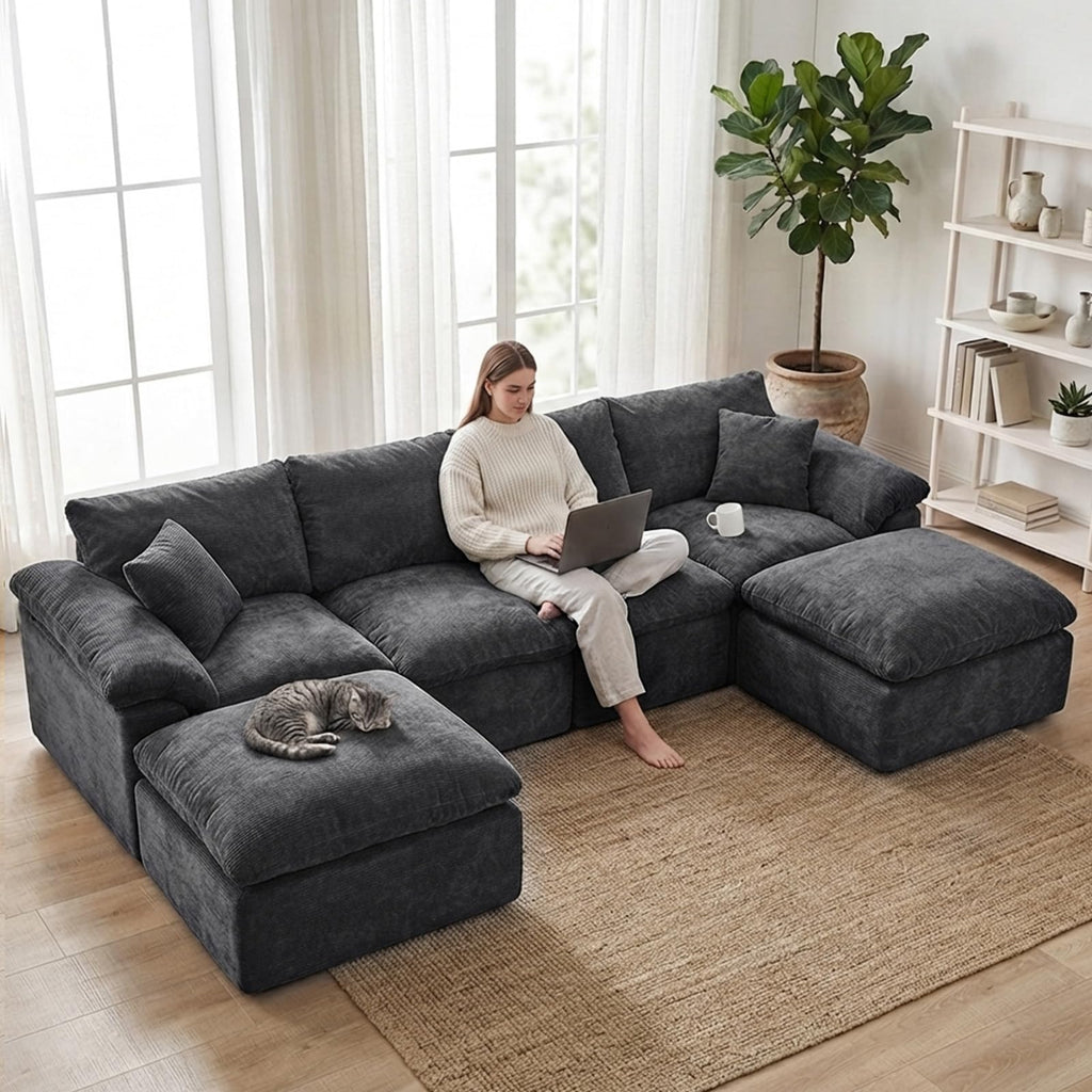 130" Oversized Boneless Sofa, Movable Ottoman, Chenille, No Assembly, Black