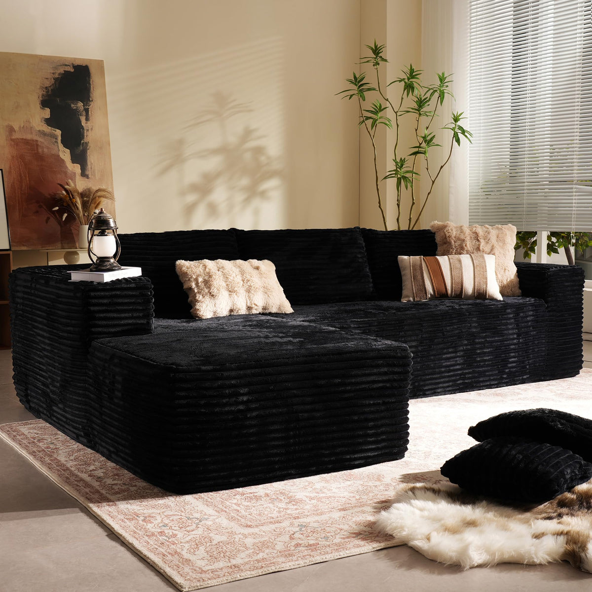 106" Modular Cloud Sectional Sofa Couch - L Shaped Lounge Couches for Living Room with Chaise,Mdoren Minimalist Sleeper Sofa,Deep Seat,No Assembly Required (Black,Plush Fur, Left Facing Chaise)