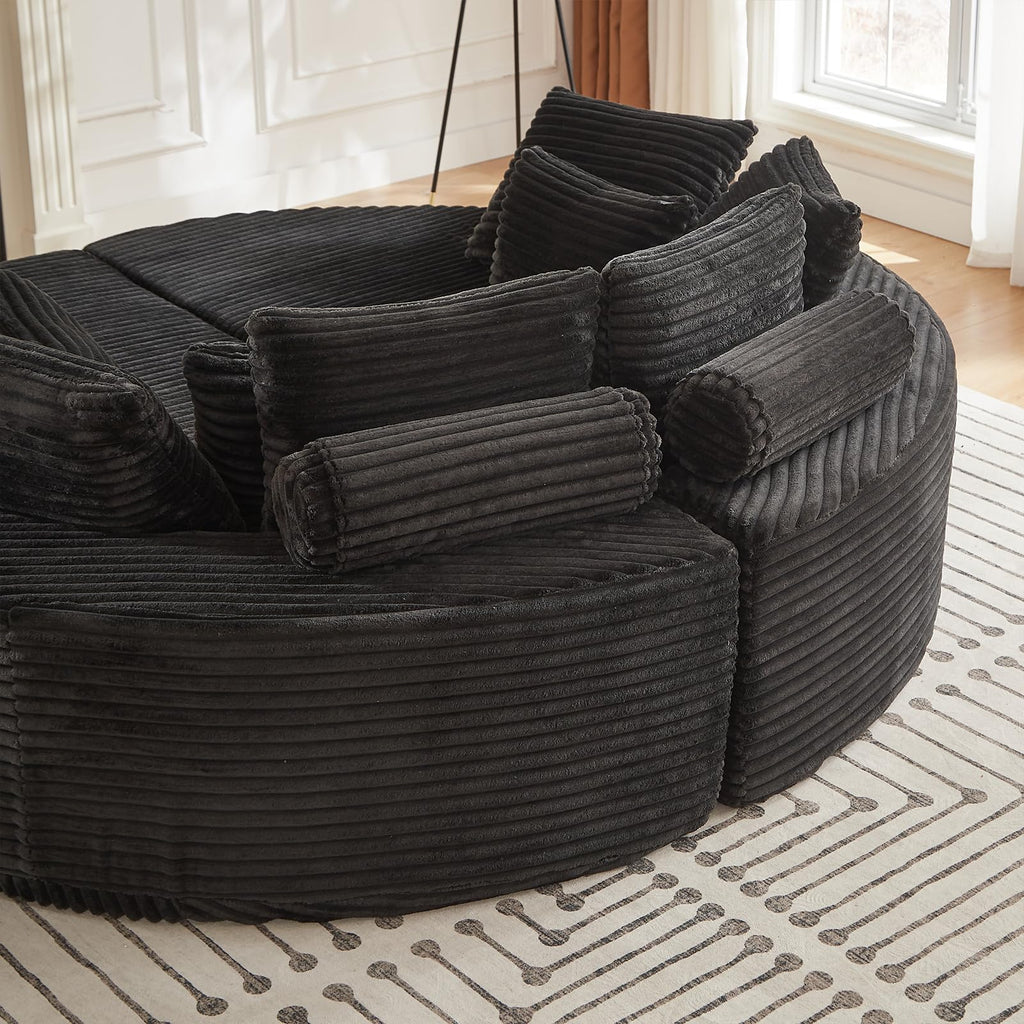 78'' Oversized Round Sleeper Sofa Bed, Convertible Circle Chaise Lounge Chair Indoor, Modern Fluffy Plush Corduroy Cloud Boneless Couch, Assembly Free, Comfy Bean Bag for Living Room, Black