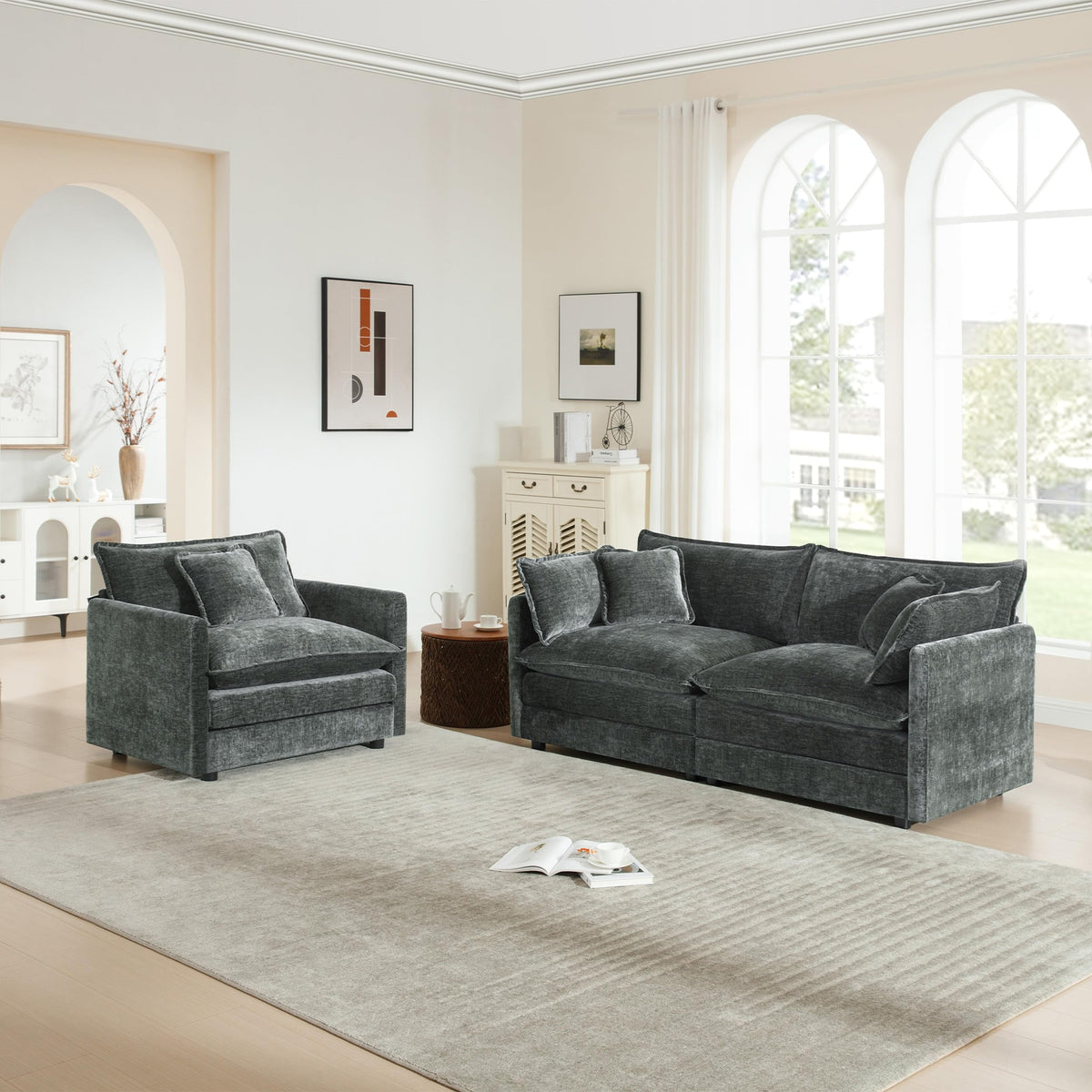 White Modular Sectional Sofa 3-Piece Set, Modern Deep Seat Chenille Couch, Loveseat, Single Sofa, Oversized Modular Couch for Living Room
