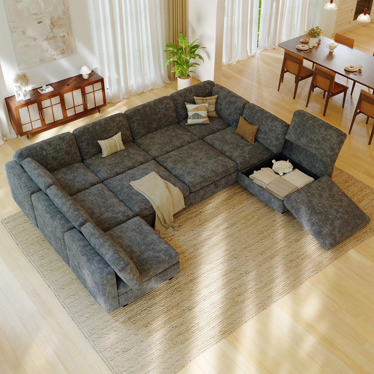 125" Chenille Modular Sectionals Sleeper Sofa Bed, Convertible L/U Shaped Modular Sectional Couch with Storage, 10 Seat Modern Cloud Couch Bed with Ottomans, Sectional Couches for Living Room, Grey
