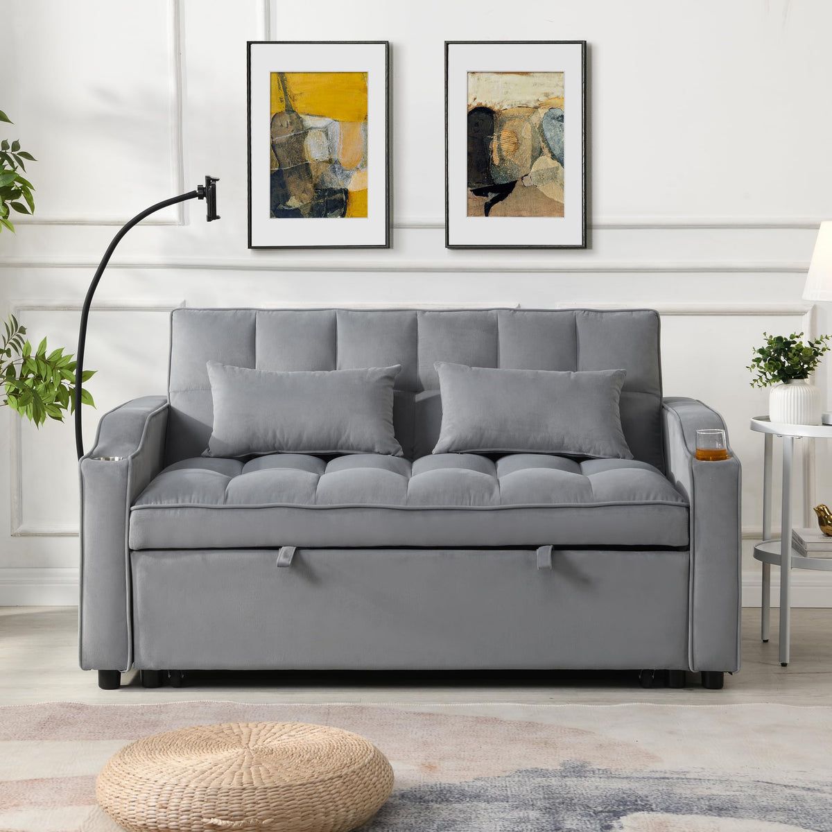 Tidyard Modern Velvet Loveseat Futon Sofa with Pullout Bed & Adjustable Reclining Backrest, 3-in-1 Convertible Sleeper Couch with Pillows, Pockets, USB Ports for Living Room, Small Space Apartment