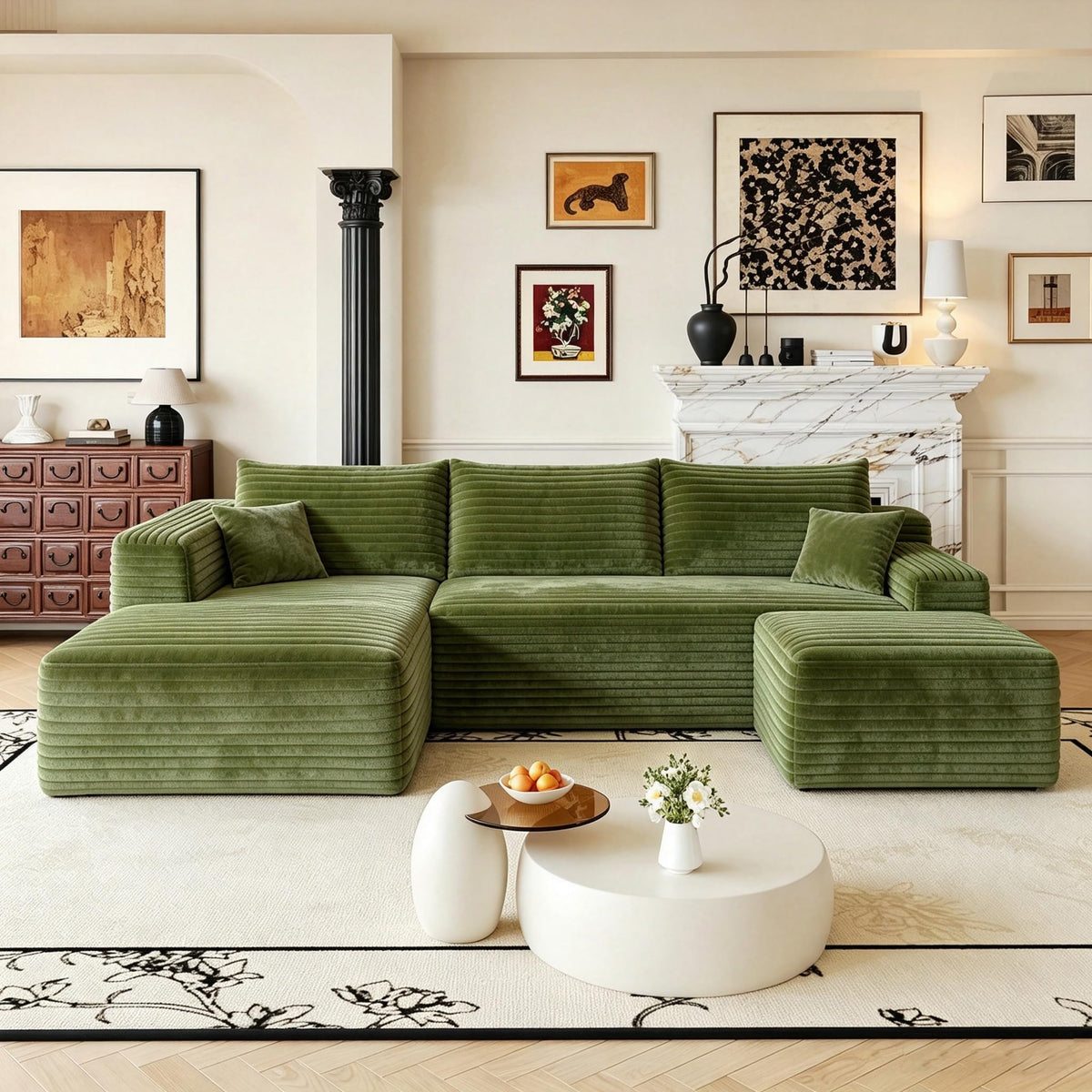103" U Shaped Cloud Modular Boneless Sectional Couch Right Chaise, Green