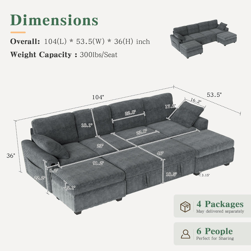 WorthFurni 104" Oversized 6 Seat L Shaped Sectional Sofa, Corduroy Convertible Couch with Pull Out Bed, Movable Storage Ottoman, USB Port, 2 Pillows & Storage Pocket for Living Room（Gray）