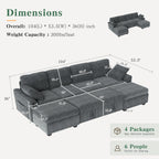 WorthFurni 104" Oversized 6 Seat L Shaped Sectional Sofa, Corduroy Convertible Couch with Pull Out Bed, Movable Storage Ottoman, USB Port, 2 Pillows & Storage Pocket for Living Room（Gray）