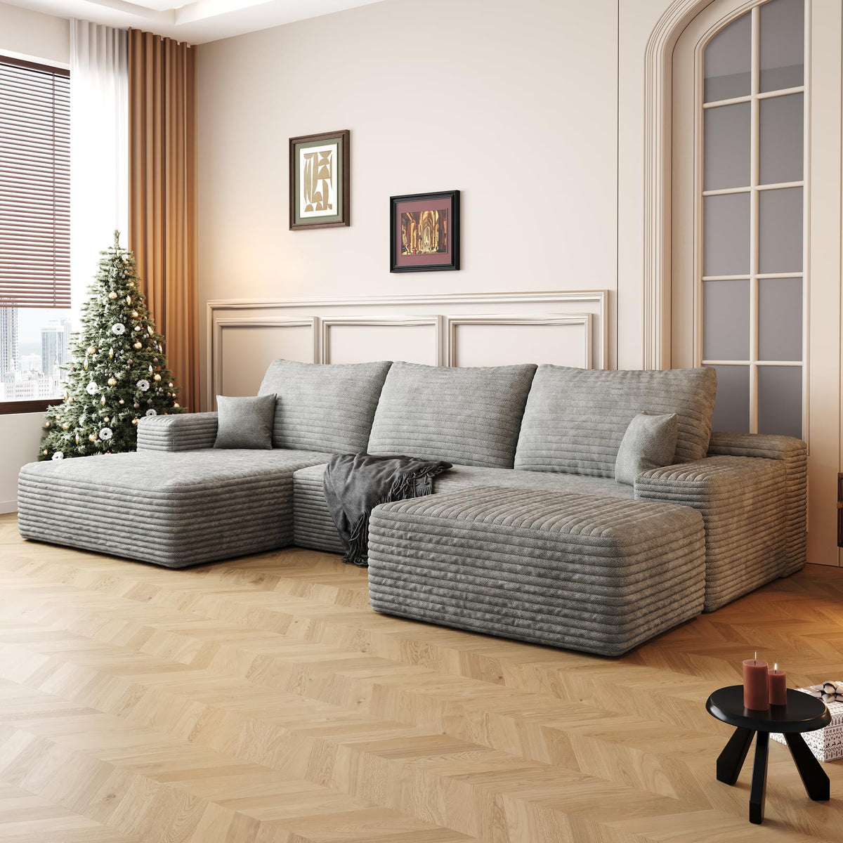 107" Plush Corduroy Deep Seat Chaise Lounge Indoo, Modern Boneless Compressed Floor Sectional Sofa with High-Resilience Foam, Free Combination Modular Cloud Sectional Sofa for Living Room, Grey