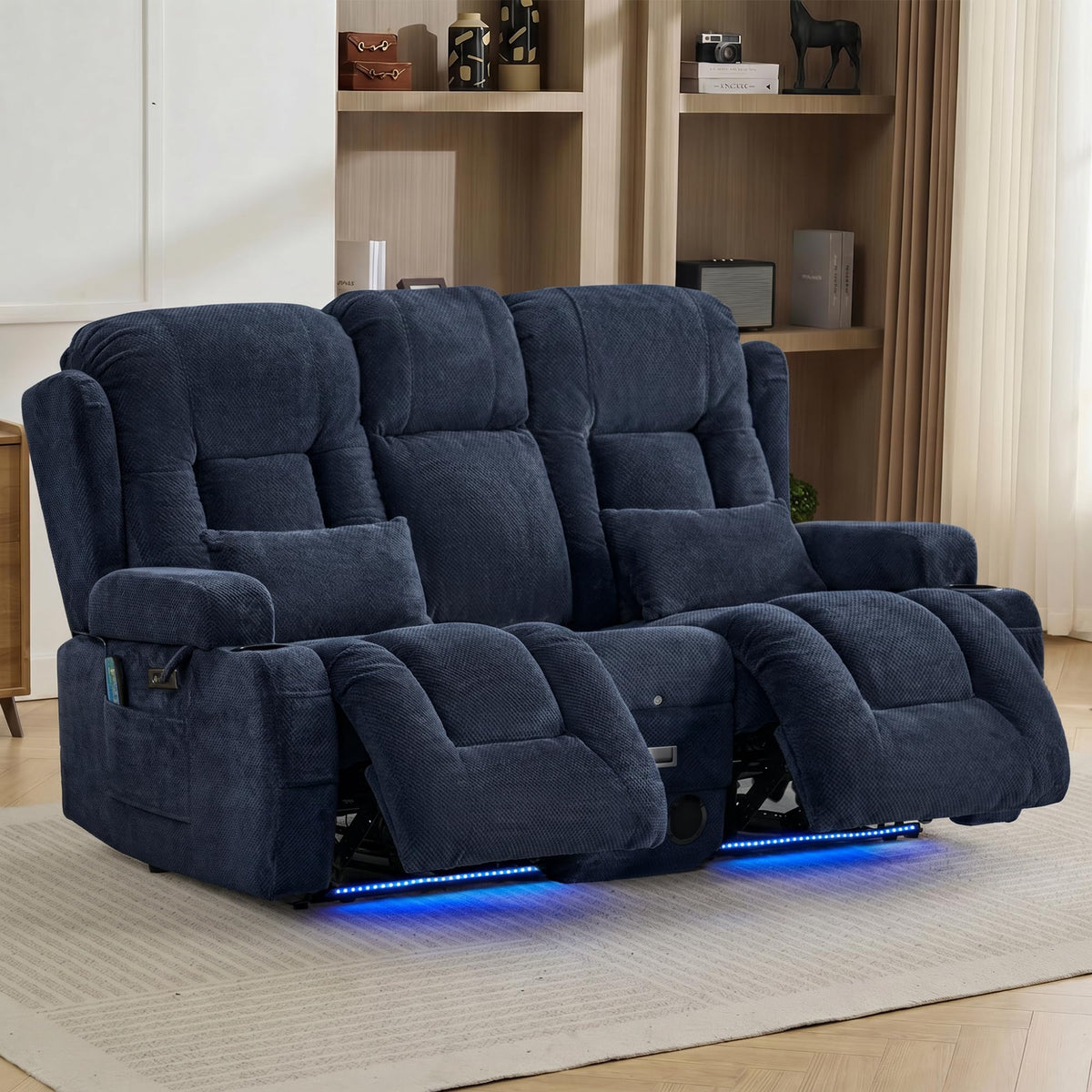 TUNYI Wall Hugger Loveseat Recliner Sofa with Console, Power Reclining Loveseat RV Couch with Massage & Heat/USB/Outlet/Storage/LED Light/Speaker (Blue, 2 Seat with Console)