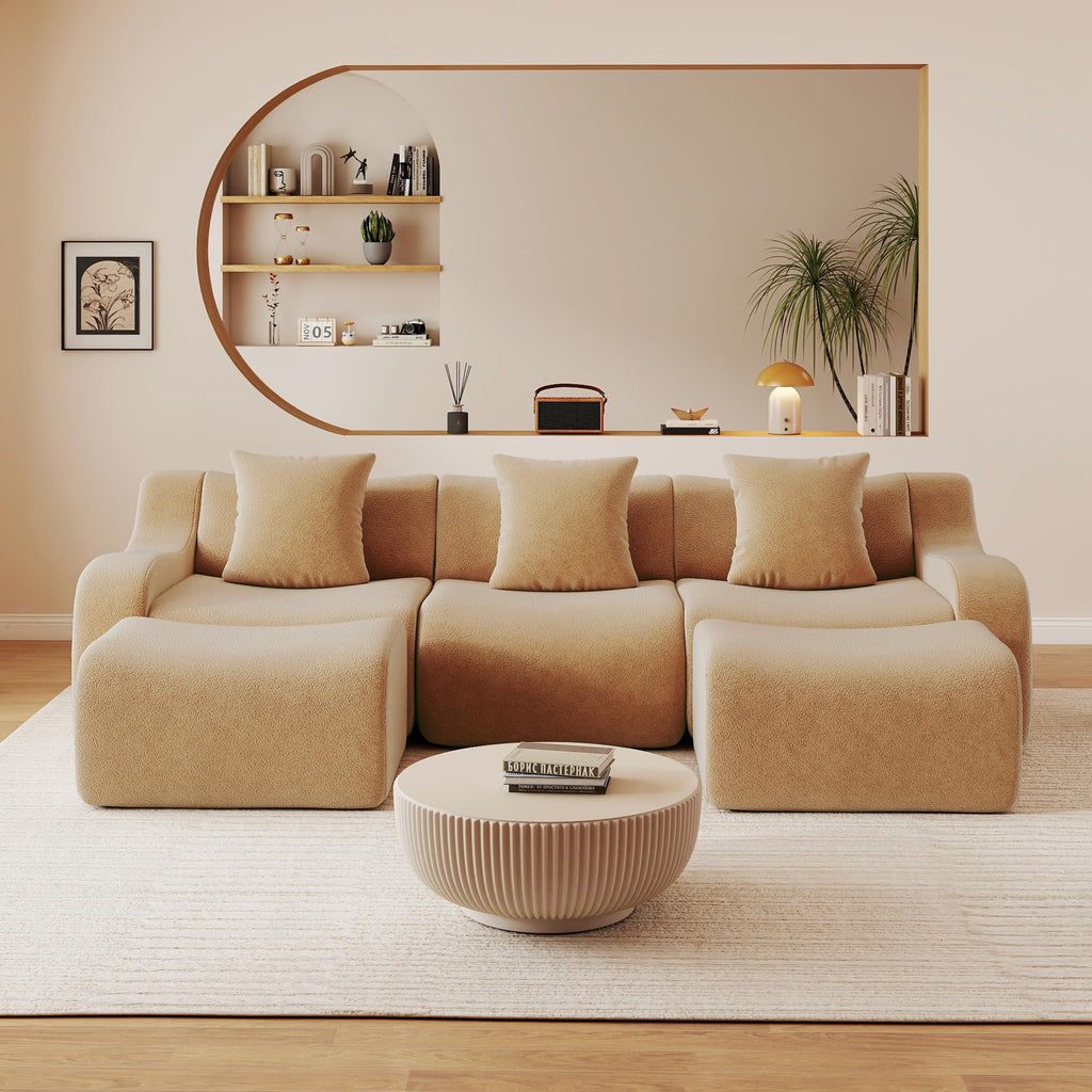 115.3" Modular Sectional Couches for Living Room, Teddy Deep Seat Sofa, 3 Seater Boneless Couch with 2 Ottoman,Orange