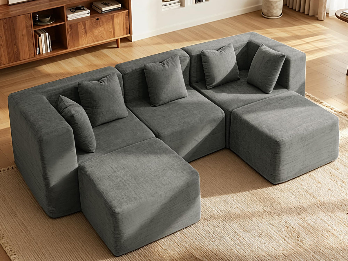 103" Three-Layer Sponge Boneless Couch sectional for Living Room Modular sectional Sofa High-Back 4-Seater L-Shape Couch with Ottoman Memory Foam Waterproof Chenille Black