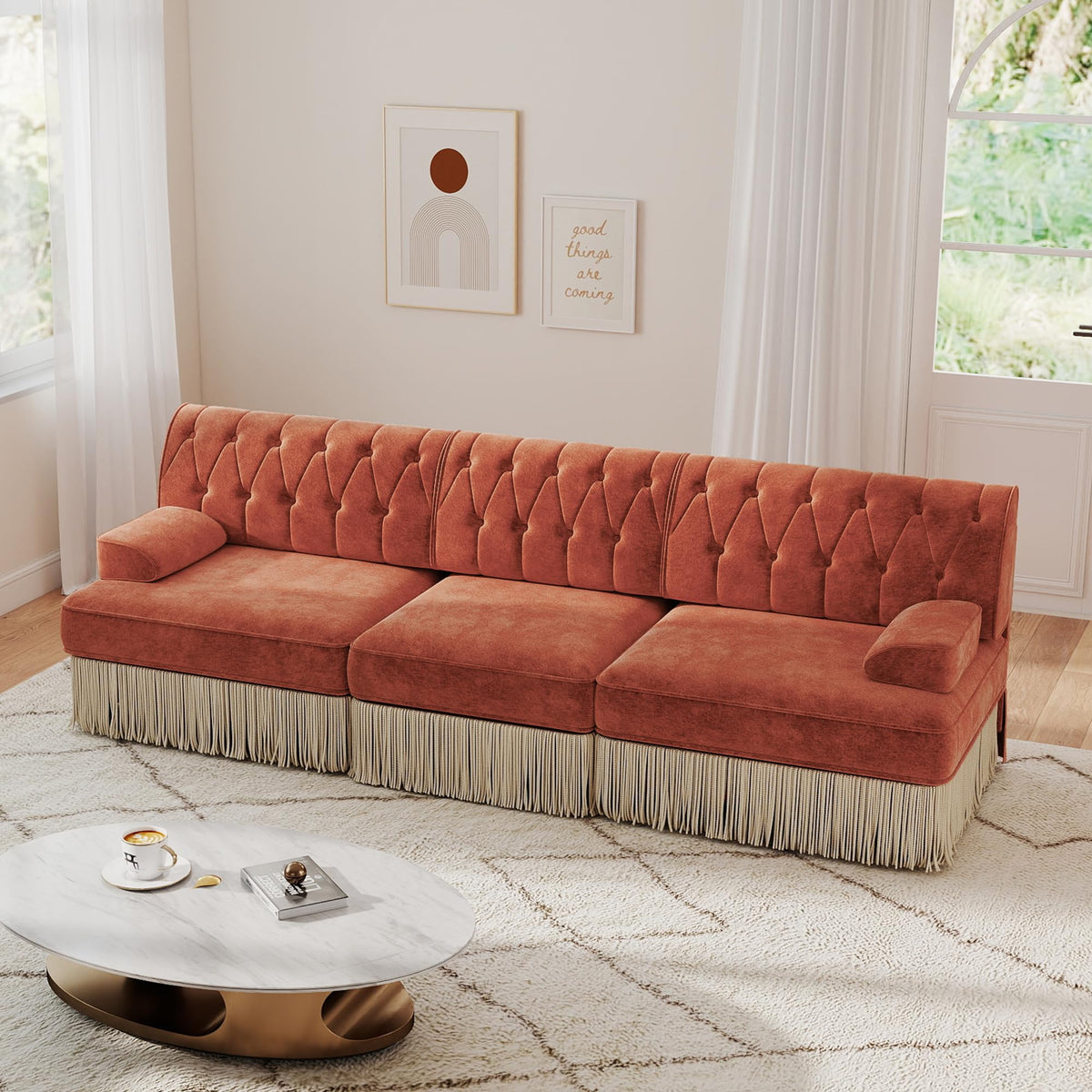 Unique Chesterfield Style Modular Sectional Sofa, 135.6” L-shaped Boneless Sofa with Velvet Fabric, Floor-grazing Tassel Fringe Skirt and Button Tufted Design for Living Room, Easy to Assemble, Beige