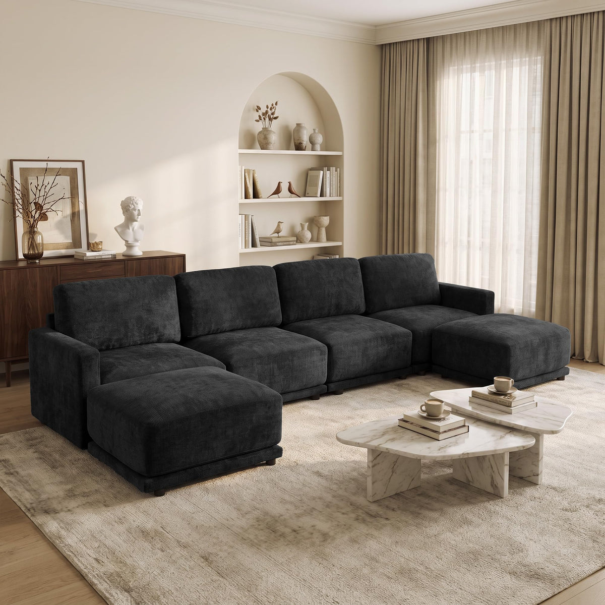 110.6" Modular Sectional Sofa with Ottoman, Upholstered L Shaped Sectional Couch with Thick Cushions, Oversized Chenille Comfy 4 Seater Sofas for Living Room, Easy Assembly, White