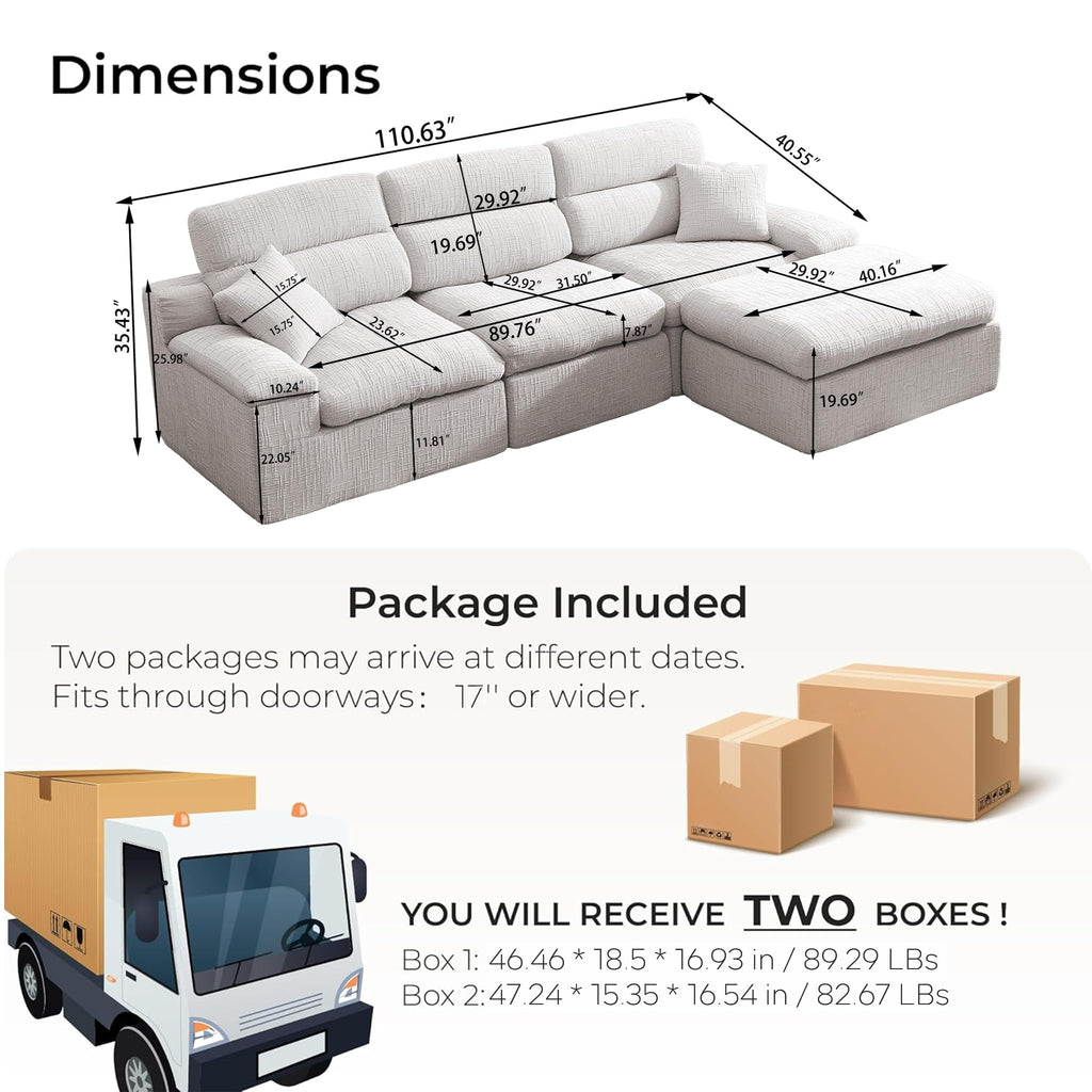 111" Modular Chenille Sofa Set w/ Reversible Chaise,No-Assembly-Beige-Blue