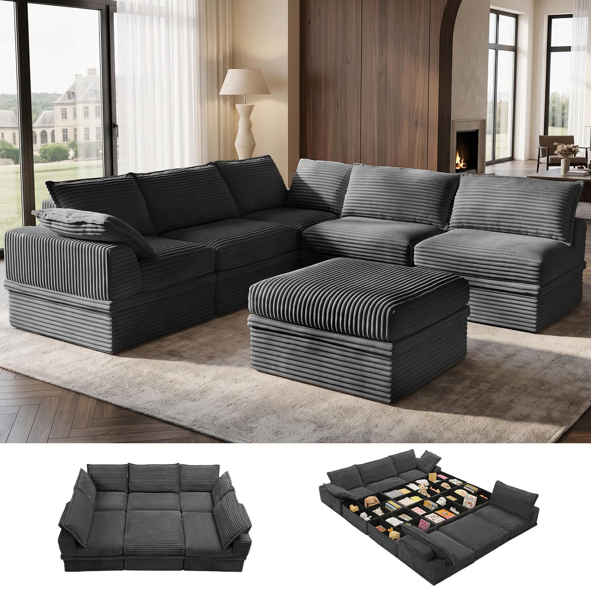 Upgraded Boneless Couch with Storage, 107" Modular Sectional Sofa Couches for Living Room, Extra Deep&High 3 Seater U-Shaped Boneless Sofa with Ottoman, Tool-Free Assembly, Black