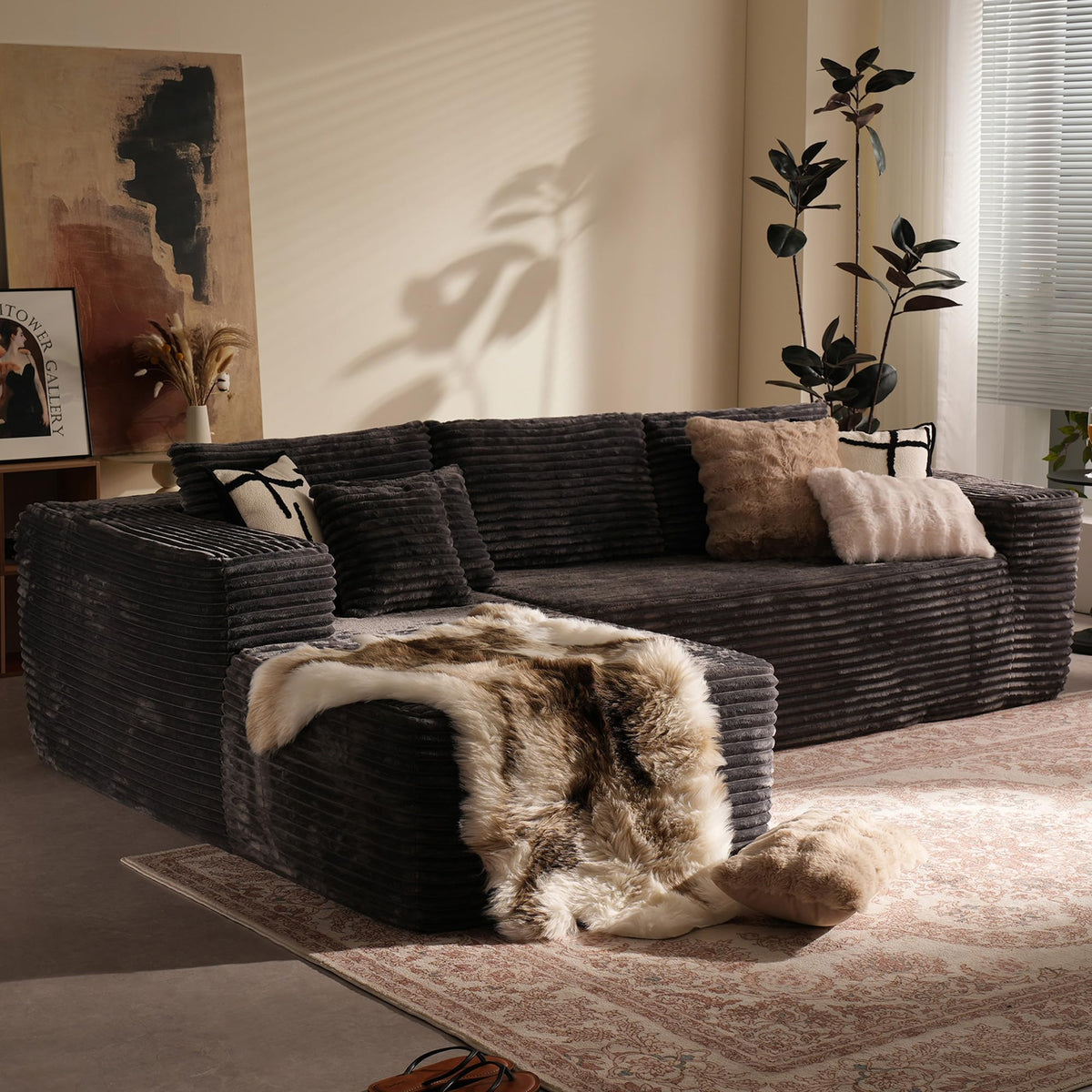 106" Cloud Sectional Couch with L-Shape Chaise & Ottoman, No Assembly Modular Sofa, Deep Seat Plush Corduroy Boneless Couched for Living Room (Black Plush Corduroy, L Shape with Ottoman-Left Facing)