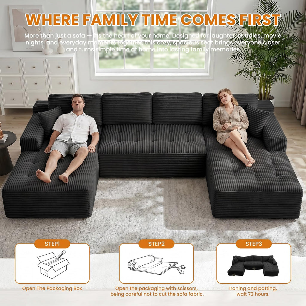 126" Oversized Cloud Boneless Couch, Modern Sofa Couch U Shaped Modular Sectional Sofa with Chaise, Premium Corduroy Fabric Boneless Couch for Living Room, No Assembly Required Black Floor Sofa