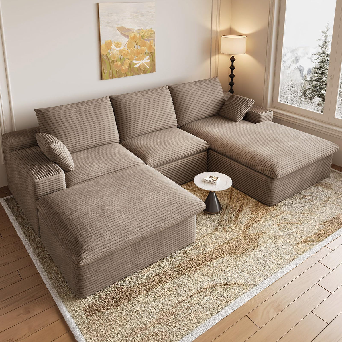 107" Cloud Couch Modular Sectional Couchs with Chaise Lounge, U-Shape Boneless Couches with Ottoman for Living Room, Corduroy Sofa with Deep Seat, No Assembly Required (Green, Left Facing Chaise)