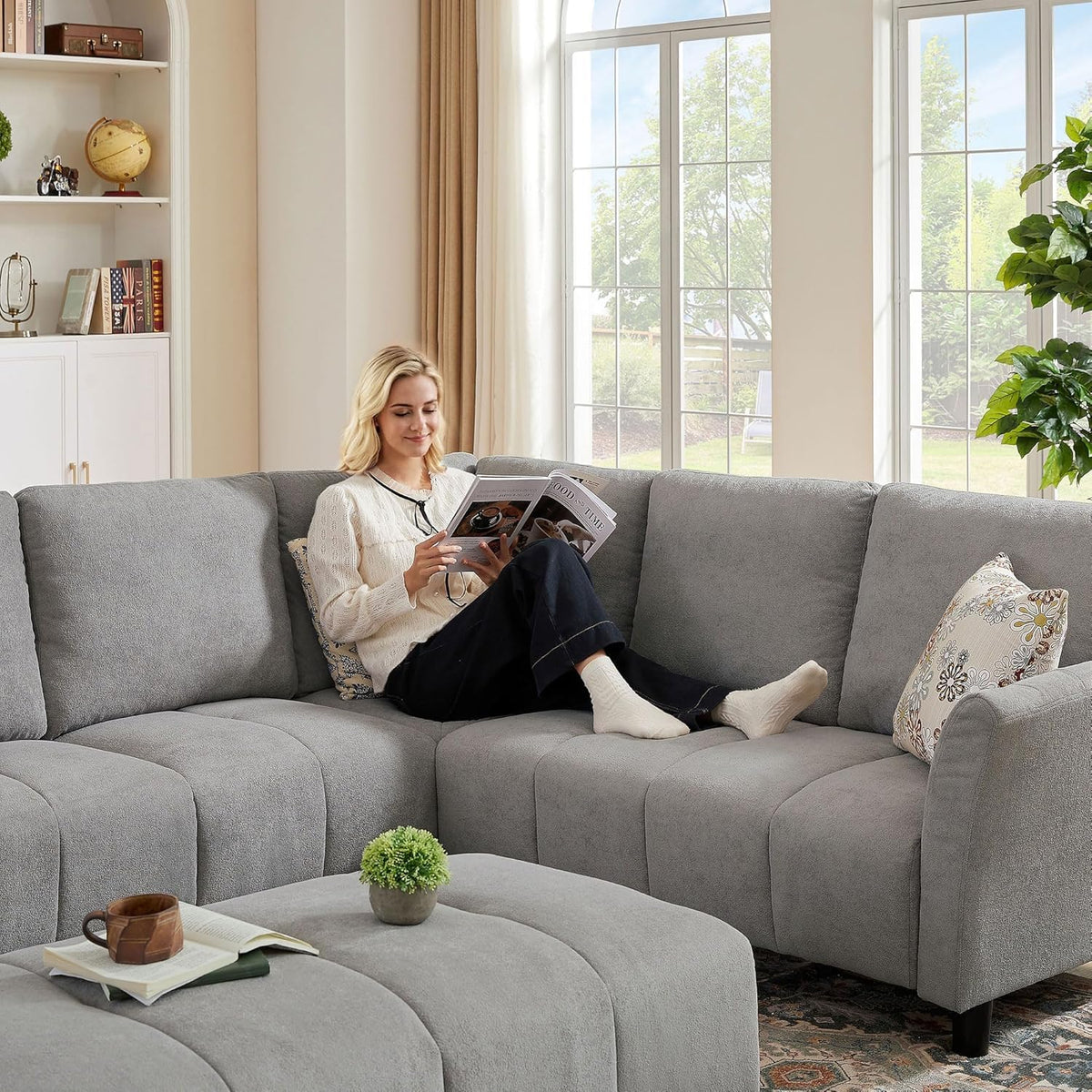 103" Convertible Sectional Sofa with Long Ottoman, Modern Upholstered Fabric L-Shaped Couch with Back Cushions, 6 Seat Sofa Couches for Living Room, Apartment, Office, Light Grey