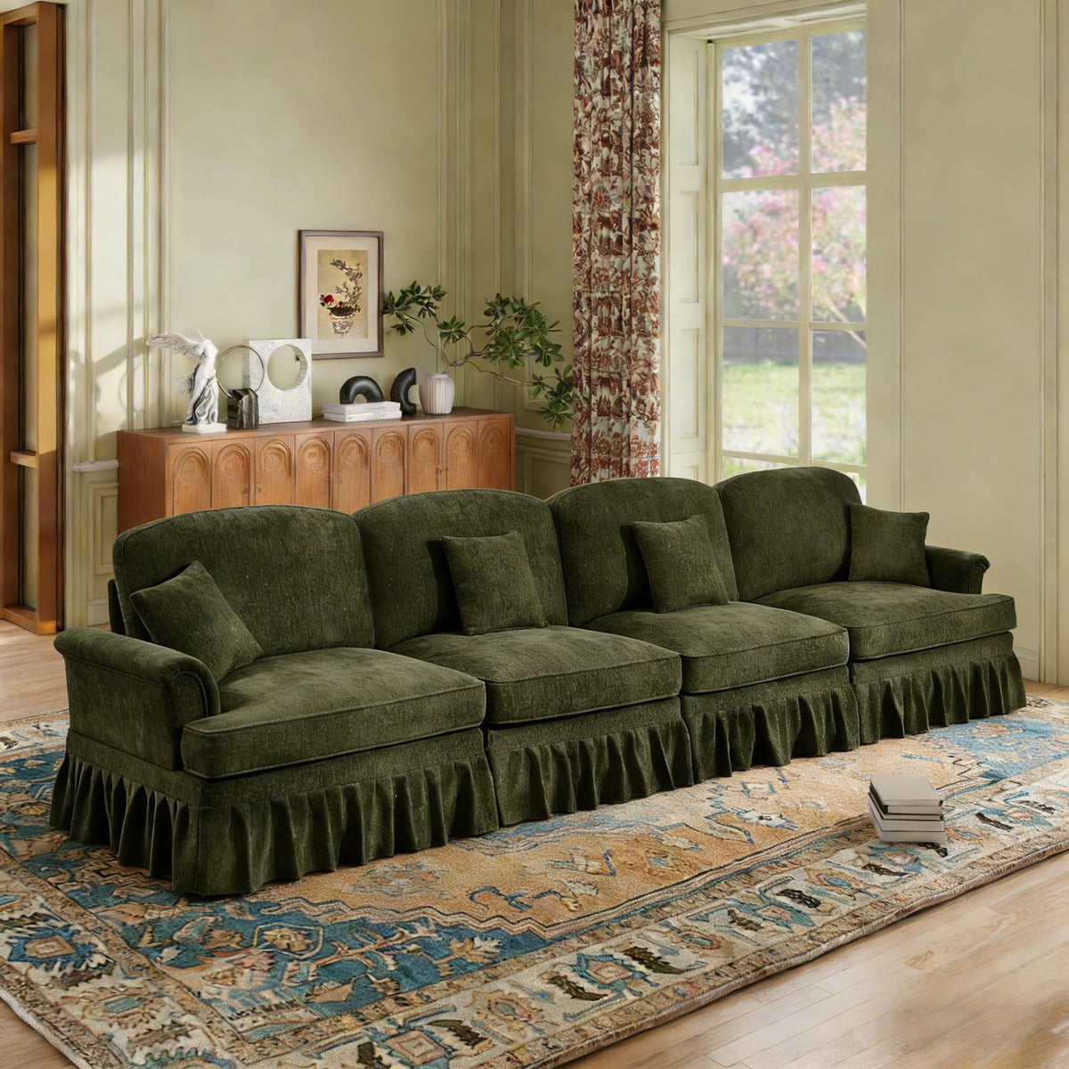 107'' Modern Sectional Sofa, Upholstered U-Shaped Couch with Removable Ruffles Pleats Skirts, Silver Chenille Cloud Couch, Ottoman, Flared Arms, 4-Seat Couches for Living Room, Bedroom, Camel