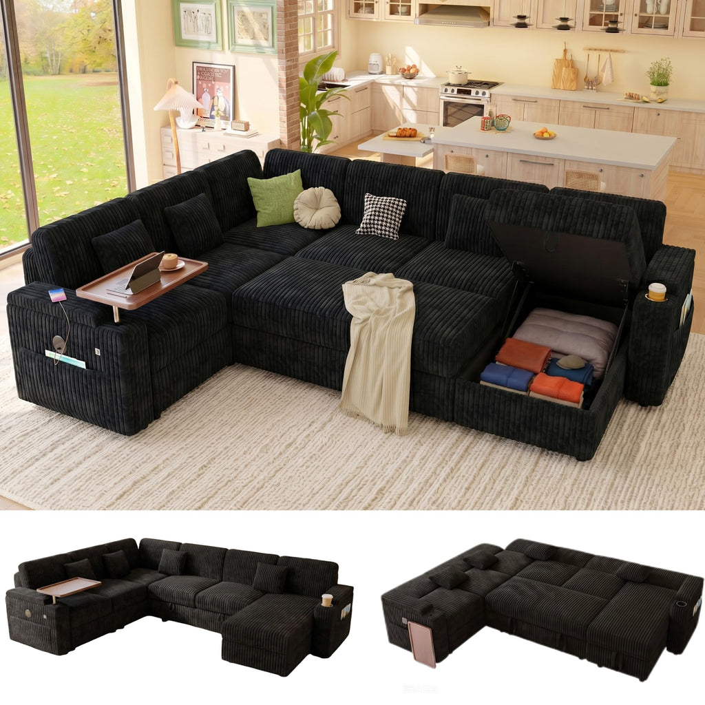100" Modular Sectional Sleeper Sofa with Pull Out Bed, 7 Seat Corduroy U Shaped Couch with Storage Chaise|6-Position Backrest|Side Table|USB Port, Dark Grey Sectional Couches for Living Room