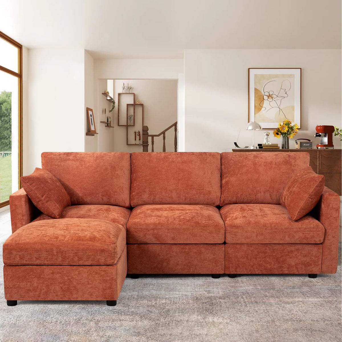 110" Chenille 4 Seats Couch with 2 Ottomans, Black
