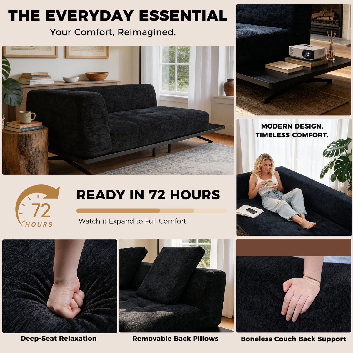 101" Boneless Couch with Raised Base, Deep Seat Cloud Sofa, Easy Clean