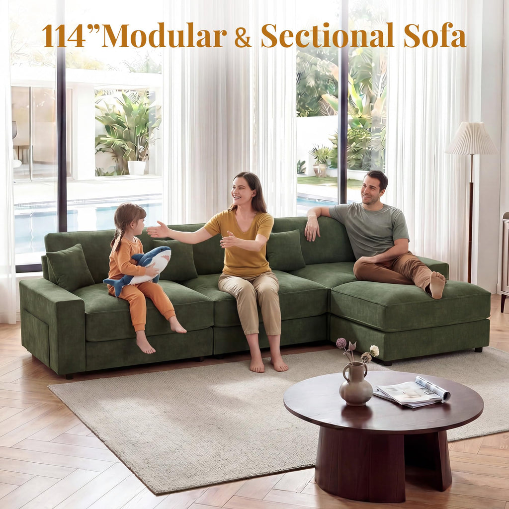 Vipbear 114" Modular Sectional L Shaped Sofa Couches,for Living Room,Oversized Cloud Couch with Movable Ottoman,Comfy Chenille Sofa with Pillow,Side Pockets,Bedroom,Apartment,Green
