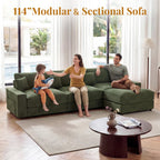 Vipbear 114" Modular Sectional L Shaped Sofa Couches,for Living Room,Oversized Cloud Couch with Movable Ottoman,Comfy Chenille Sofa with Pillow,Side Pockets,Bedroom,Apartment,Green