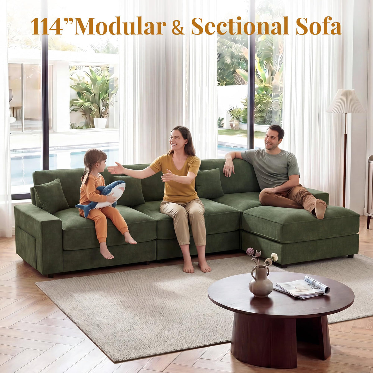 Vipbear 114" Modular Sectional L Shaped Sofa Couches,for Living Room,Oversized Cloud Couch with Movable Ottoman,Comfy Chenille Sofa with Pillow,Side Pockets,Bedroom,Apartment,Green