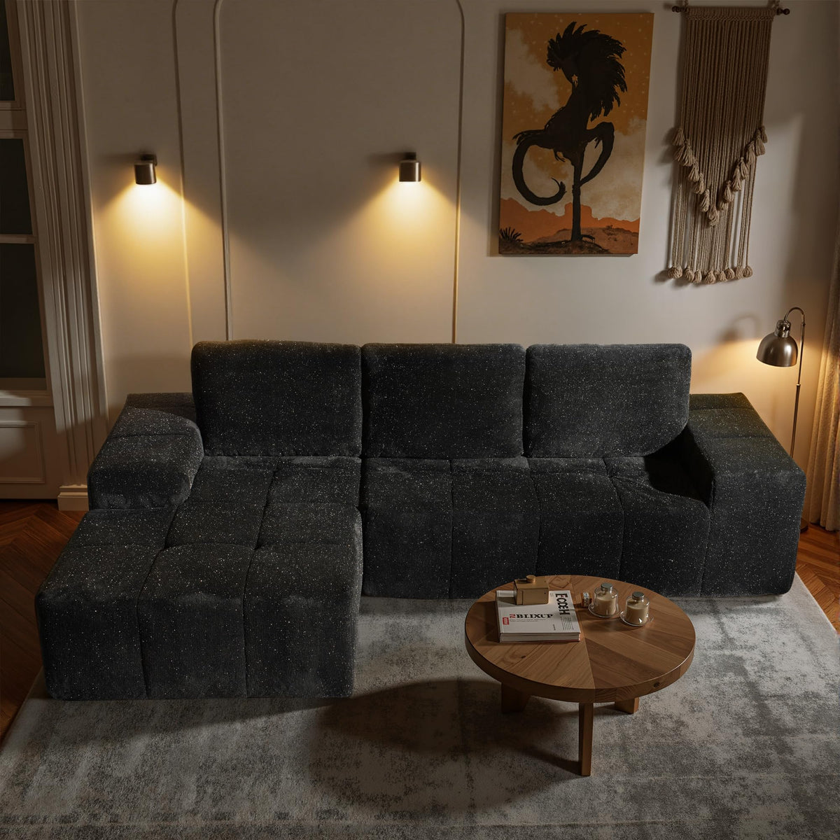 104" L-Shape Modular Sectional Sofa Couch,Comfy Upholstered Cloud Couch for Living Room,Modern Minimalist Couches,Deep Seat,No Assembly Required (Black,Plush Corduroy, Right Facing Chaise w/Ottoman)