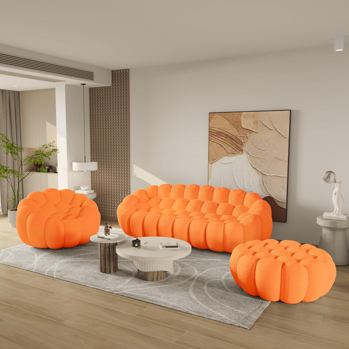 WJShome Modern Bubble Sofa Couch, 79.53" Curved Sofas for Living Room, Boneless Large Bean Bag Chair,Deep Seat Floor Sofas Chair Lounge 3 Seater for Home,Orange