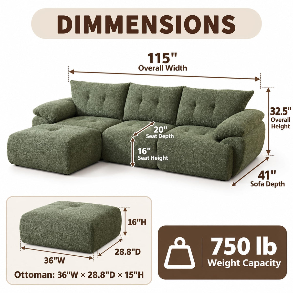 115" Boneless Modular Sectional Couch with Ottoman for Living Room