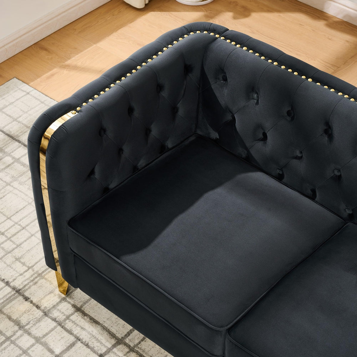 Velvet Chesterfield Sofa Set of 2, Mid Century Modern Deep Seat Loveseat + 3 Seater Couch with Golden Legs and Button Tufted, Upholstered Comfy Sofa with 2 Pillows for Living Room, Black Gold