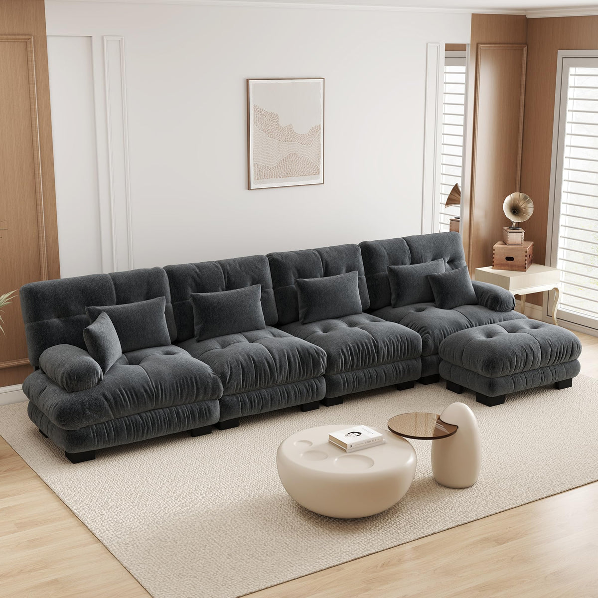 Velvet Modular Sectional Sofa,130" W Oversized U Shape Cloud Couch with 2 Ottomans,Free Combined 3 Seater Comfy Sofa with Bolster Armrest Pillows,Green for Living Room