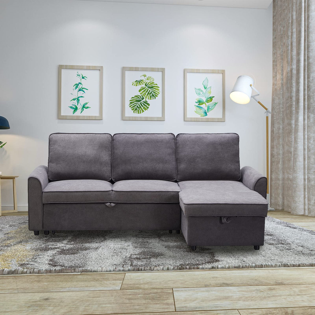 Tidyard MGEA Modern L-Shaped Sofa Bed with Chaise, Reversible Sectional with Pull-Out Bed & Storage, 4-Seater Linen Fabric Convertible Couch for Living Room, Dark Grey