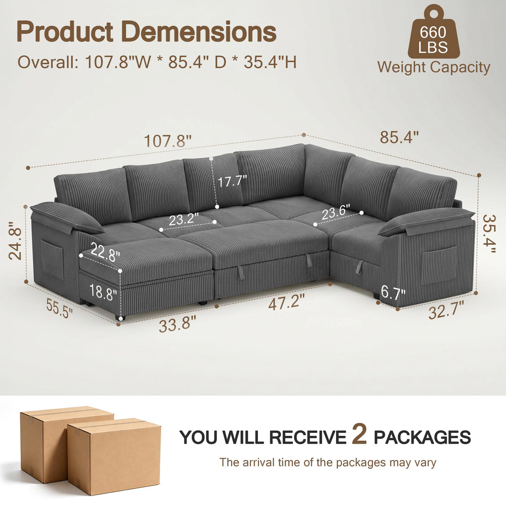 108" Modular Sectional Sofa with Pull Out Bed, L Shaped Sectional Couch
